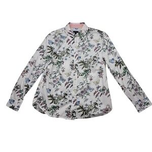 Talbots Shirt Women's Small Petite White Button Up Long‎ Sleeve Butterfly Print